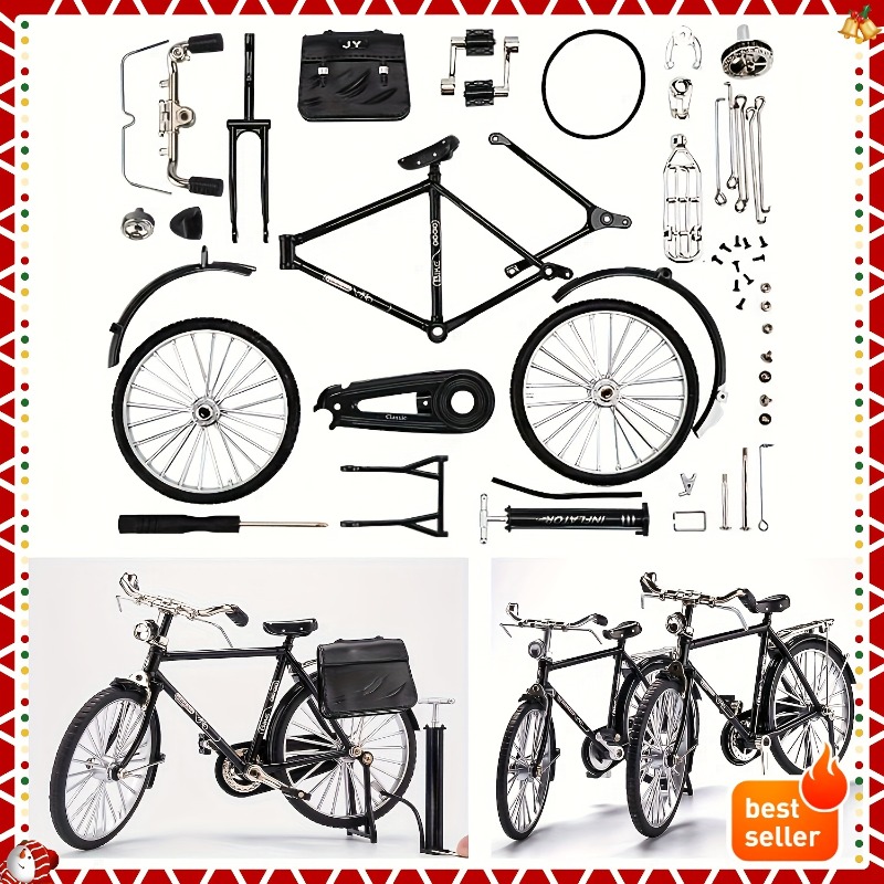 Vintage Cycling Gear - Detaillierter Vintage-Fahrradmodellbausatz mit Mini-Luftpumpe & Gepäck,
